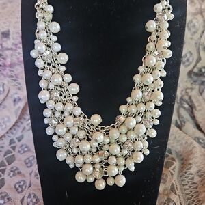 Ivory Pearl Cluster Bib Necklace with Silver Chains